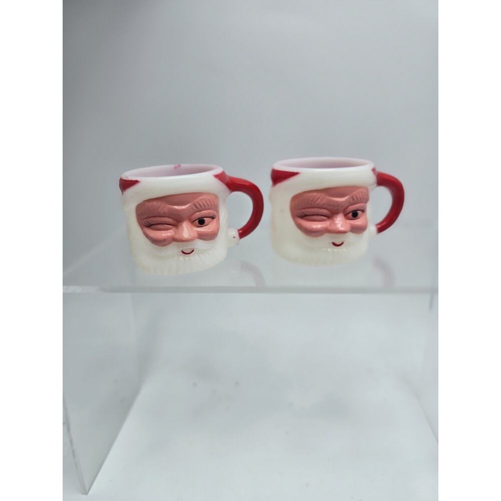 2 MCM Miniature Plastic Winking Eye Santa Clause Head Antique Face Mini Mug 1.5"